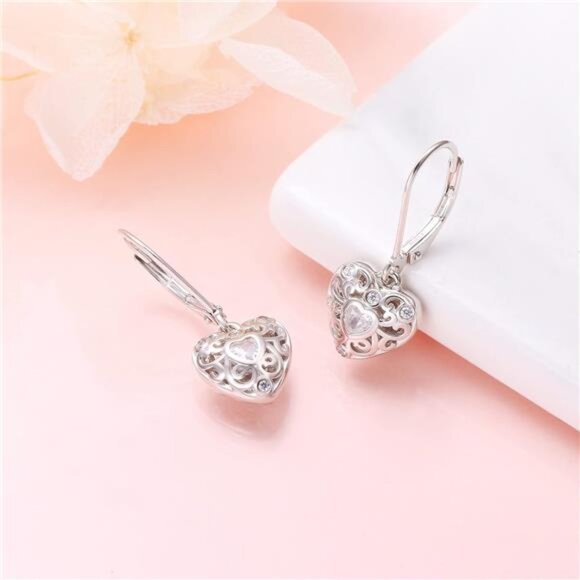 S925 Sterling Silver Heart Dangle Drop Leverback Clasp Lever back Earring - Picture 5 of 16